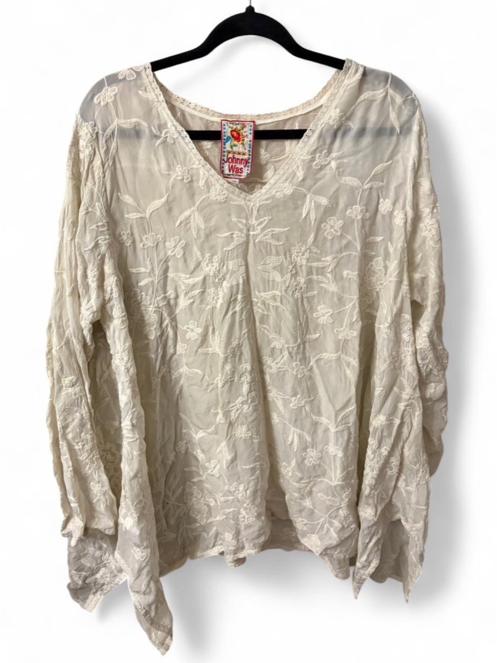 Johnny Was Cream Floral Embroidered V-Neck Tunic